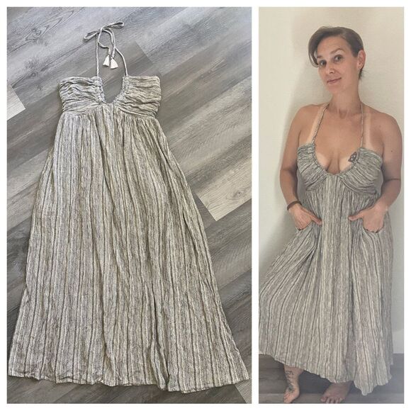 Promesa Halter Midi Dress Black Cream Back Tie Boho Vacation - Picture 6 of 13